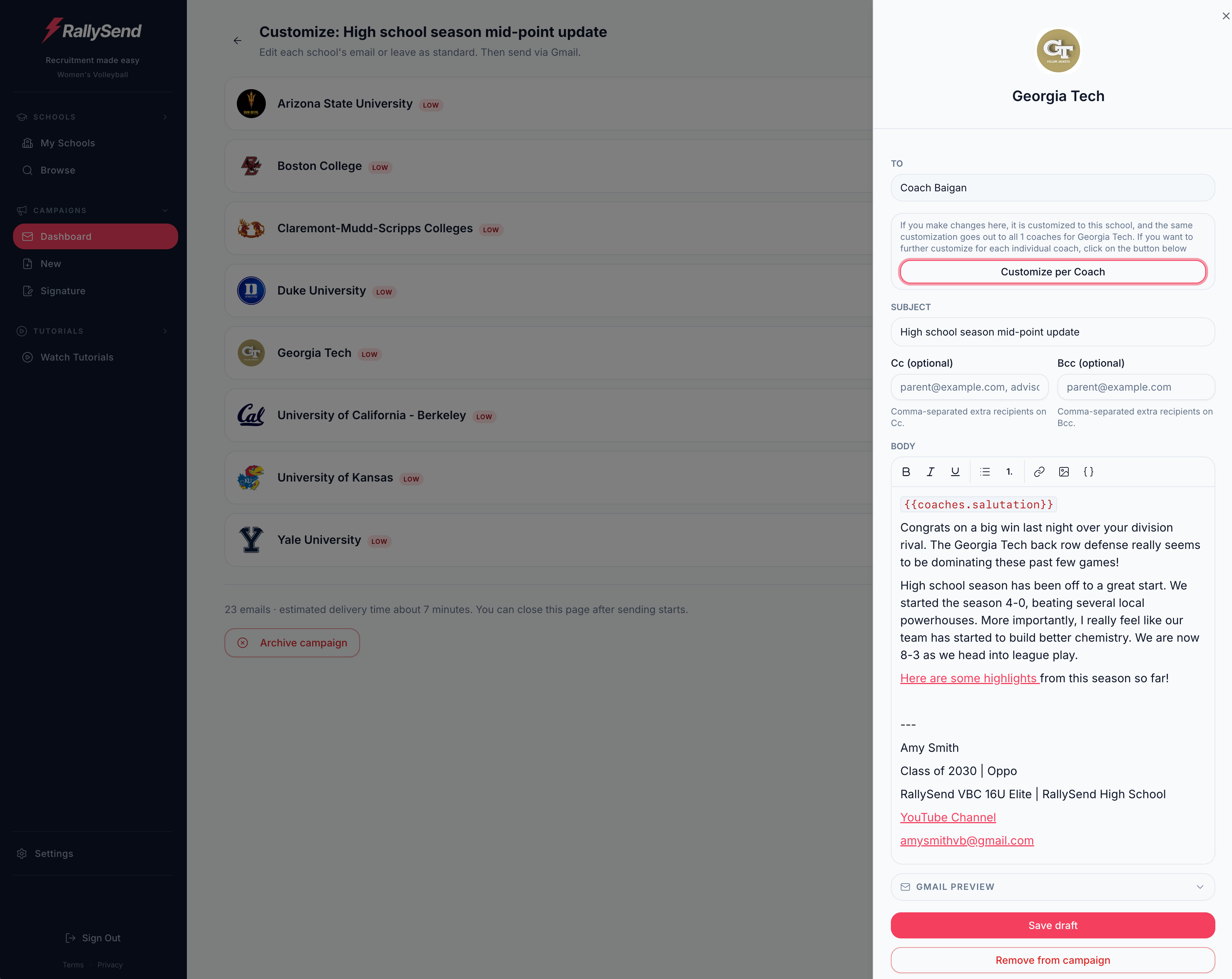Privacy-safe RallySend demo showing a personalized campaign sent through Gmail